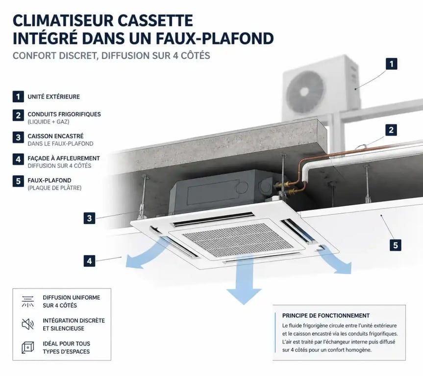 Schéma d'installation d'un climatiseur cassette encastré dans un faux-plafond