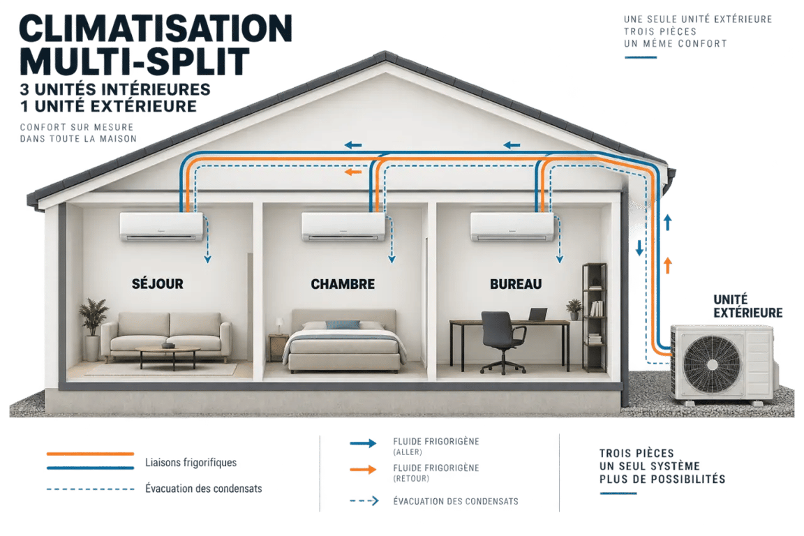Schéma de fonctionnement d’une climatisation 3 splits avec trois unités intérieures et un groupe extérieur