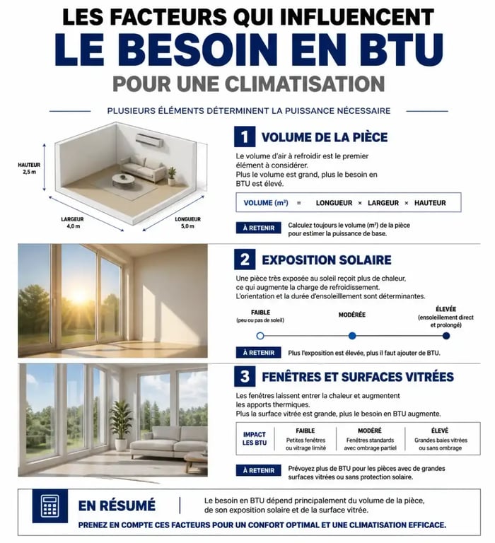 Infographie des facteurs de calcul pour la puissance BTU climatisation