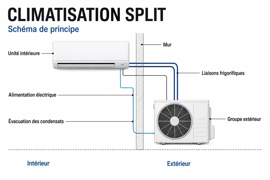 Matériel climatisation : schéma simplifié d'une installation split avec unité intérieure, groupe extérieur et liaisons