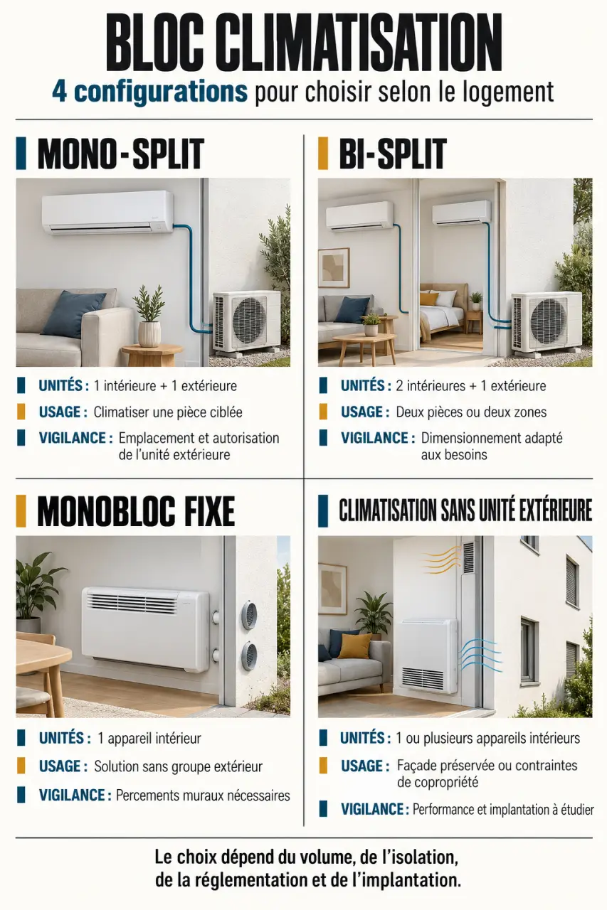 Bloc climatisation : comparaison des configurations mono-split, bi-split, monobloc et sans unité extérieure